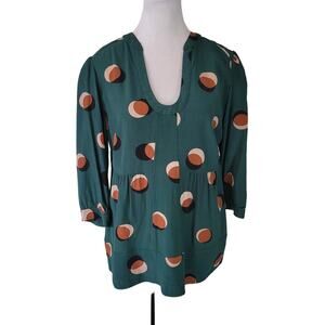 Boden Green Blouse with Orange and Brown Circles